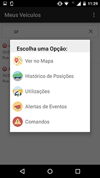 Menu para rastreamento e monitoramento de veículos pelo aplicativo para smartphone e tablet